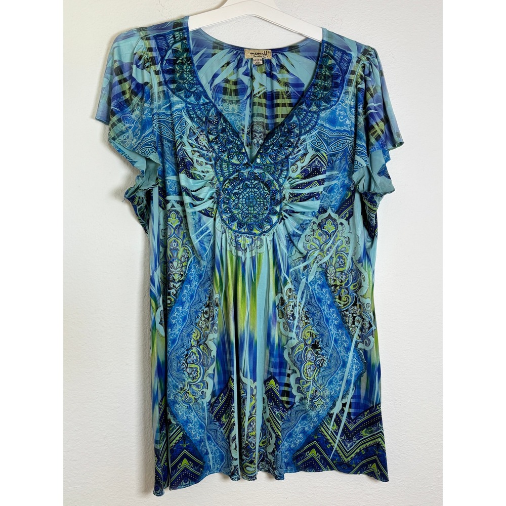 One World Live and Let Live Blue Green Paisley Sequin V-Neck Top Plus Size 2X
